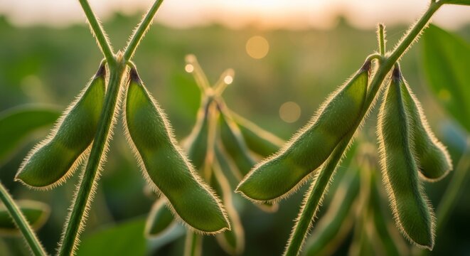 Close-up of fresh green soybeans on a plant in a sunlit field