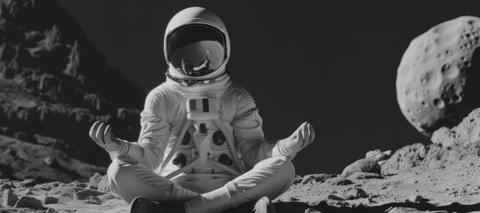Fototapeta premium Picture of astronaut - man or woman in suit with helmet, meditating at lunar surface
