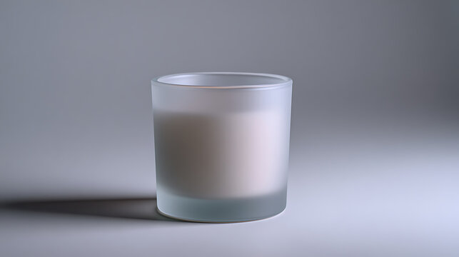 Minimalist translucent glass candle with subtle light on a soft gray background, creating a serene and clean aesthetic for product display