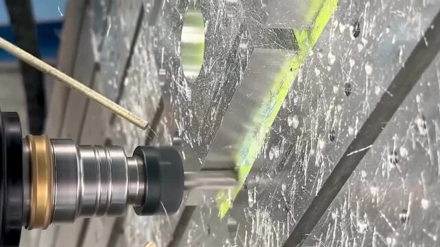 Close up on machining process with metal shavings flying off from a drill bit tool