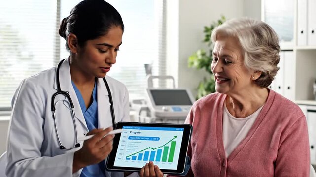 Cheerful female doctor showing a digital health report with a progress chart on a tablet to a smiling elderly female patient in a clinic.