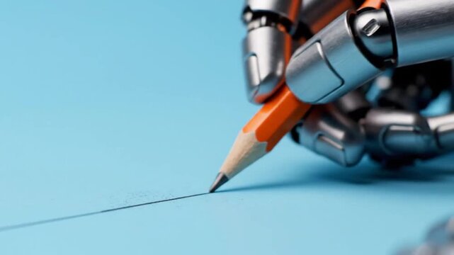 Robot hand drawing with pencil.