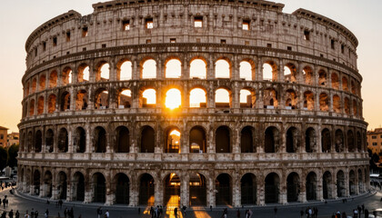 Fototapeta premium The Colosseum stands majestically as the sun sets behind it, illuminating the ancient stone. Visitors gather around the Colosseum, admiring its historical significance and architecture.
