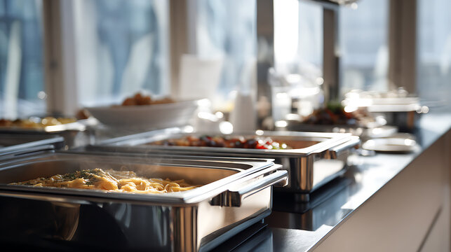 Elegant buffet display with steaming hot food in chafing dishes, ready for guests in a bright, modern event space, perfect commercial use