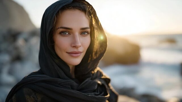 Hyper-realistic front view portrait of a woman in hijab, sunset casting warm glow and soft lens flare, ocean waves reflecting golden light, serene expression with subtle smile, cin