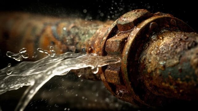 Close-up of a rusty metal pipe leaking water. Pressurized water spraying from a corroded plumbing joint. Infrastructure failure and water damage concept