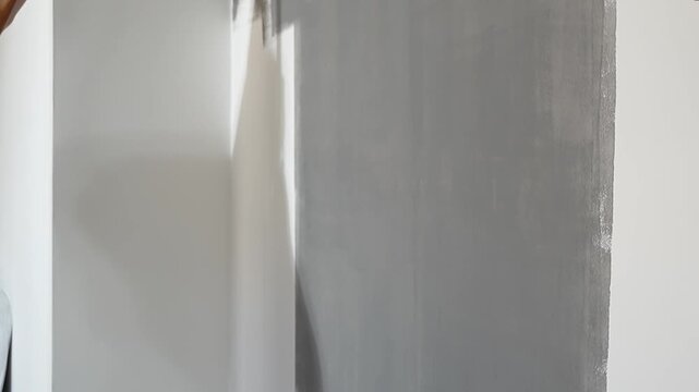 a man repairs a house with his own hands, paints a white wall gray with a roller