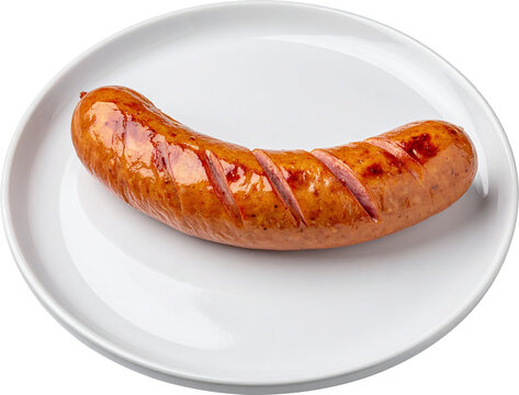 음식-가공육-햄-소시지-그릴 소시지-구운 소시지-소세지-비엔나소시지-노릇하게 구워진 소시지-칼집을 낸-구운-익힌-접시-단 하나-배경 제거
