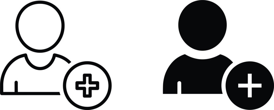 User add vector icon set with outline and solid profile symbols, account registration and member addition elements isolated on white background.