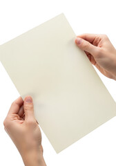Obraz premium Two Hands Holding a Blank Beige Paper Sheet isolated on transparent background