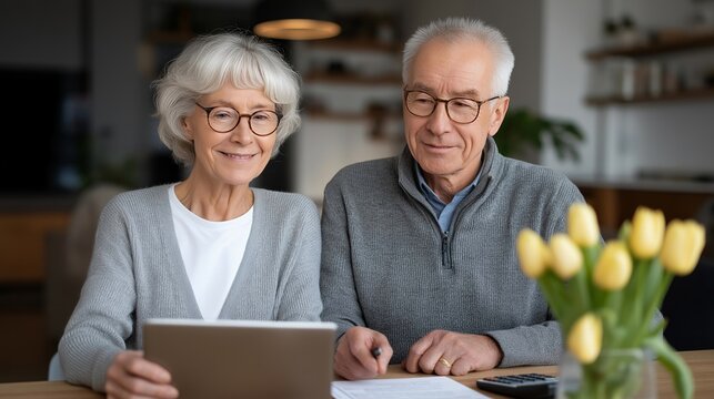 Tax preparation documents spread across modest dining table, elderly couple using tablet to file returns, calculator and spring tulips in vase, perfect for financial planning and contemporary