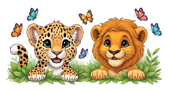 A cartoon leopard and lion in the jungle