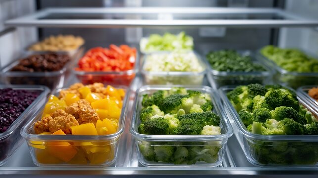 Overhead view of macro-balanced meal prep bowls arranged in refrigerator grid pattern, color-coded labels indicating protein carbs fats, organized precision and planning visible, perfect for