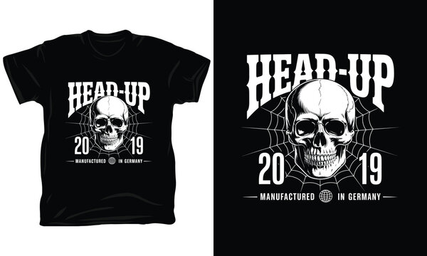 Head up skull with spider web, manufactured in germany, vector illustration 2019