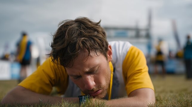 Exhausted runner collapsed on grass after crossing finish line, race bib number visible, other participants congratulating in background, overcast sky, ideal for 5K completion achievement endurance