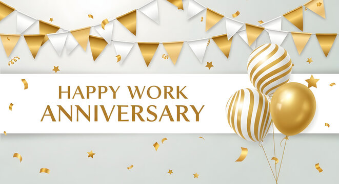 Happy work anniversary celebration with gold balloons