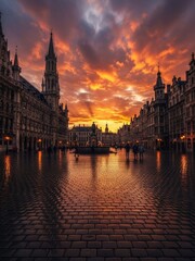Fototapeta premium Grand Place in Brussels, Belgium, glowing at sunset, showcasing its historic guildhalls and timeless European charm.