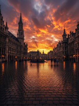 Grand Place in Brussels, Belgium, glowing at sunset, showcasing its historic guildhalls and timeless European charm.
