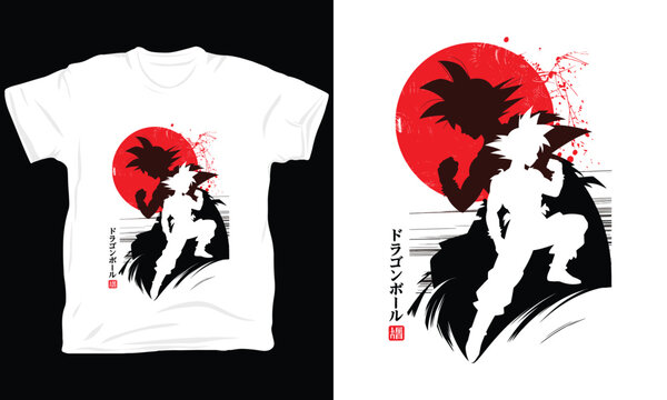 Goku silhouette t-shirt design with japanese text and red sun vector illustration