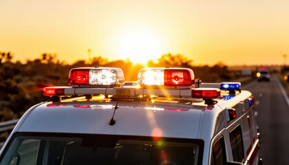 Fototapeta premium A police vehicle is parked on the side of the road with flashing lights. The sun sets behind the police vehicle, creating a silhouette against the horizon.