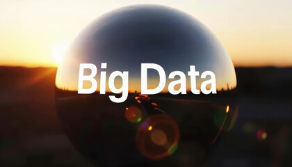 Fototapeta premium A reflective sphere captures a sunset, emphasizing the phrase 'Big Data'. The scene combines nature with technology, highlighting the concept of 'Big Data'.