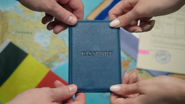 Immigration officer issues Belgian passport to new citizen against world map with Brussels stamps.