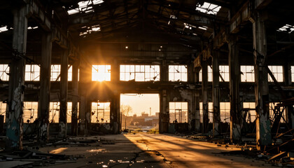 Naklejka premium The abandoned warehouse displays remnants of decay, with sunlight streaming through broken windows. The empty space highlights the contrast between light and shadows in the warehouse.