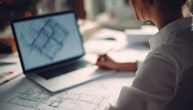 Architect Working On Architectural Plan With Blueprints On Laptop In Close-Up Portrait, Interior Shot From Behind. A Professional Working Scene.