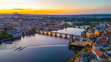 Fototapeta premium Sunset aerial view of Hradcany district in Prague, Czech republi