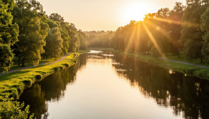 Fototapeta premium a river reflecting sunlight, surrounded by dense trees. Early morning light enhances the natural beauty of the river and trees along the banks.
