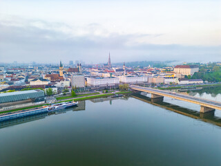 Fototapeta premium Sunrise aerial view of Linz, Austria