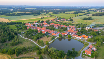 Sunset panorama view of traditional south Bohemian village Holas © dudlajzov