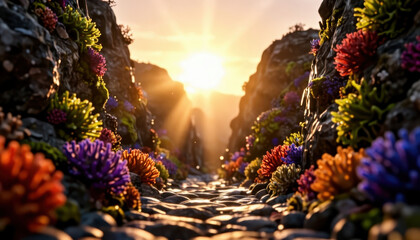 Fototapeta premium A vibrant canyon features colorful coral-like plants lining a rocky path. The sun rises above the rocky terrain, illuminating the coral and creating a serene atmosphere.