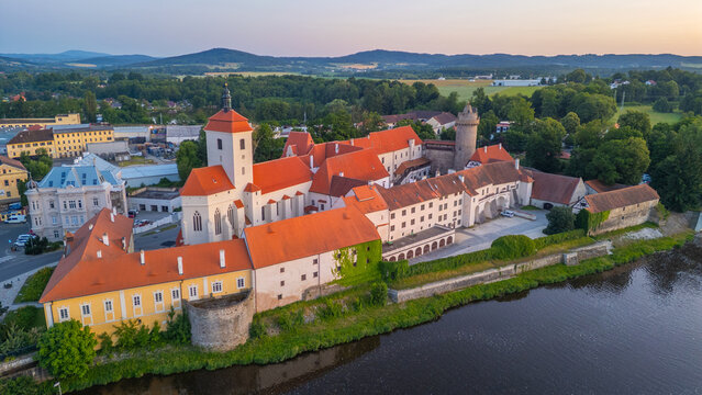 Sunset panorama view of Strakonice castle in Czech republic