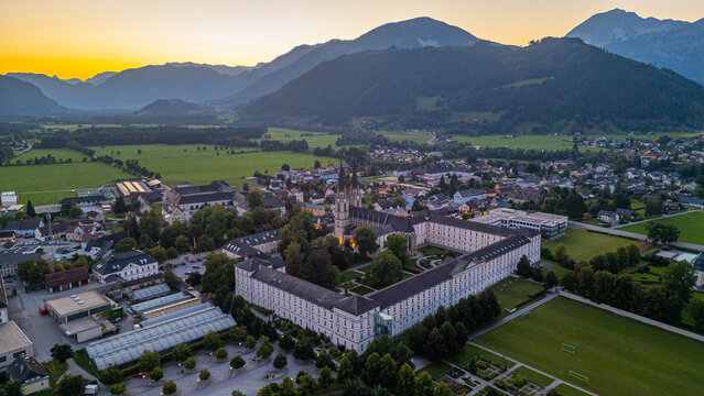Sunset panorama view of Admont abbey in Austria
