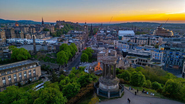 Sunset panorama of the old town of Edinburgh from calton hill, S