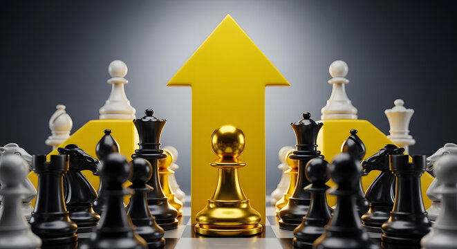 A golden chess piece stands out from the crowd with an upward arrow