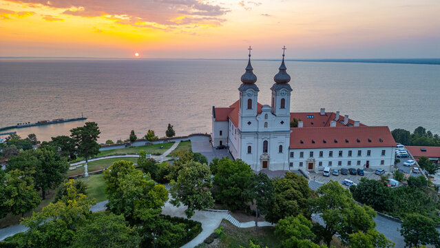 Sunrise view of the Tihany Benedictine Abbey beside Balaton lake