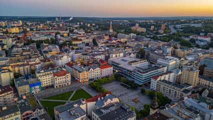 Obraz premium Panorama view of city center of Ostrava during sunrise, Czech re