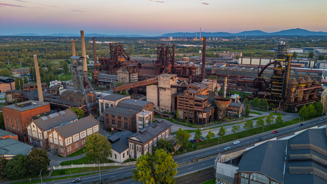 Sunset view of Dolni Vitkovice industrial area in Ostrava, Czech