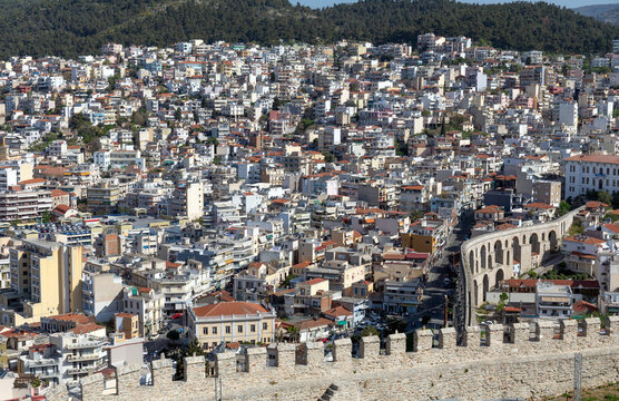 The Kamares Roman Aqueduct and cityscape of Kavala from the Castle, Greece
