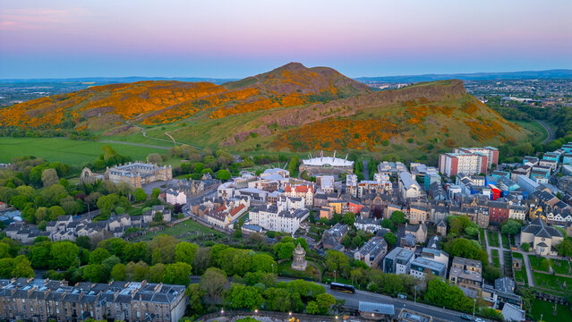 Sunset panorama of Holyrood park in Edinburgh, Scotland