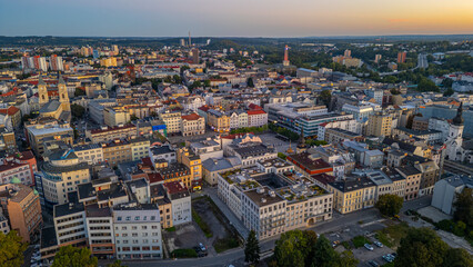 Obraz premium Panorama view of city center of Ostrava during sunrise, Czech re