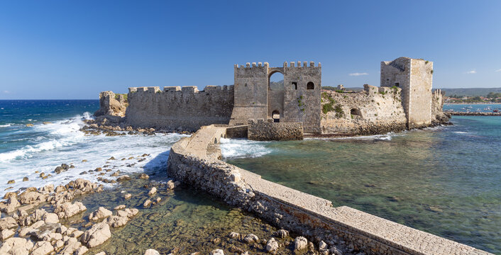 The medieval Venetian Castle of Methoni with stone bridge in Messinia, Greece
