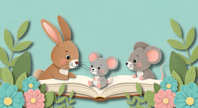 A rabbit and two mice sitting on an open book