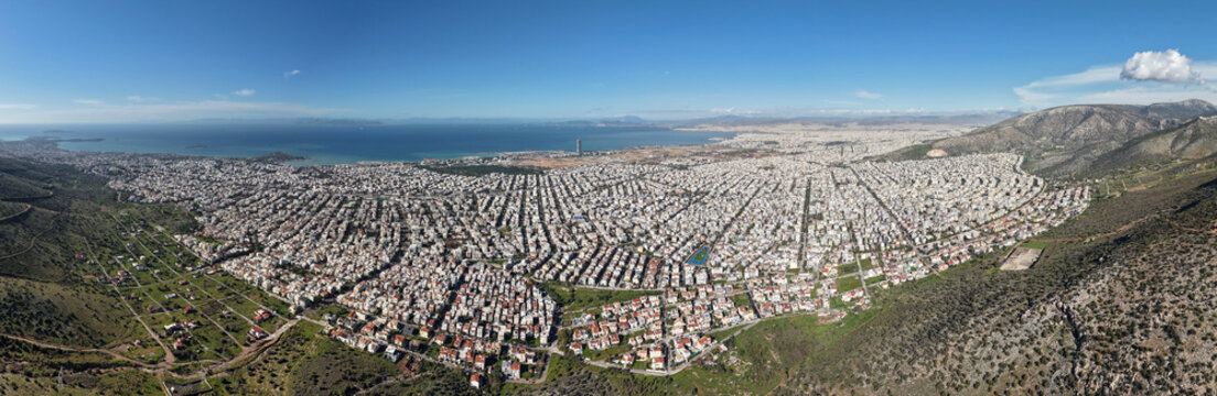 Panoramic aerial drone view of Glyfada and Ellinikon coastline in Athens, Greece