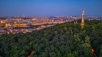 Obraz premium Sunset panorama view of Prague from Petrin hill, Czech republic