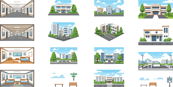 Anime Style School Building and City Street Interior and Exterior Vector Illustration Set Featuring Classrooms Hallways Dormitories and Urban Campus Landscapes Collection