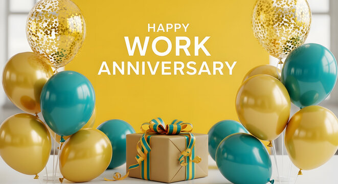 Happy work anniversary celebration with balloons and gift