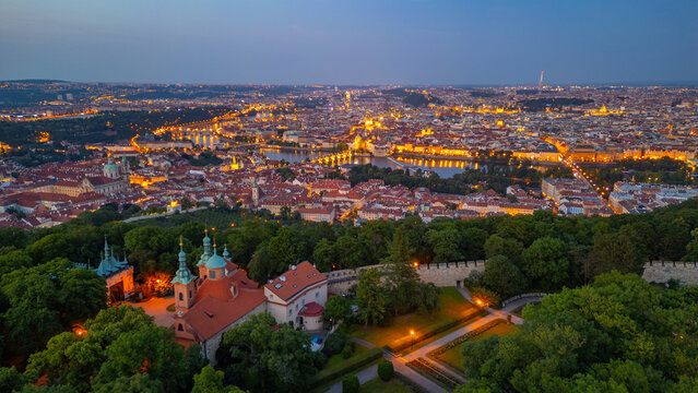 Sunset panorama view of Prague from Petrin hill, Czech republic